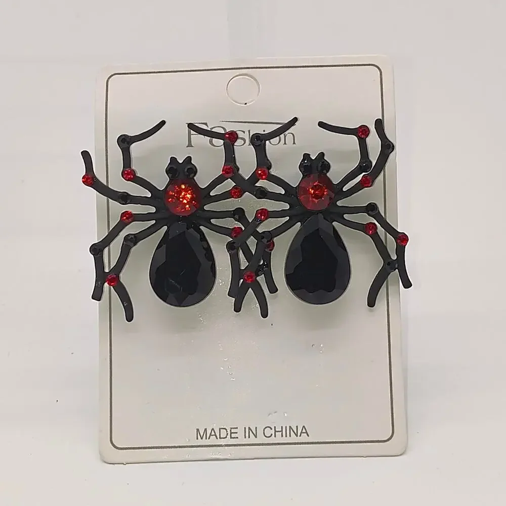 Black spider earrings with red